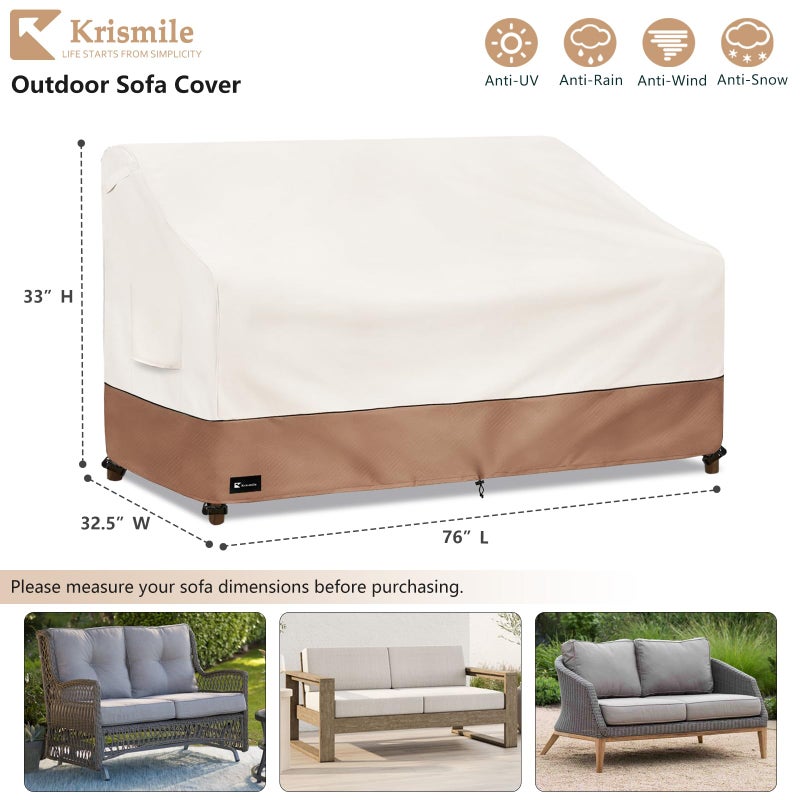 Krismile Outdoor Couch Cover for Patio Furniture - Heavy Duty Waterpoof All-Weather 3-Seater Patio Sofa Cover, 76""x32""x33"" (Beige) - Image 2